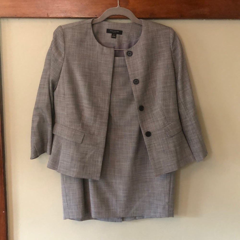Grey skirt suit.
